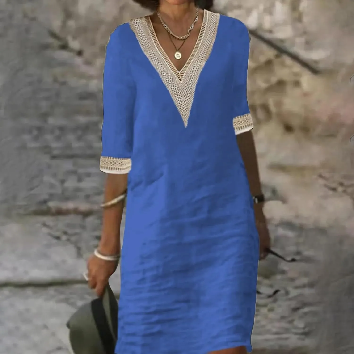 Linen Dresses for Women 2024 Summer 3/4 Sleeve Lace Embroidered V Neck A Line Dress Sexy Beach Vacation T Shirt Dress