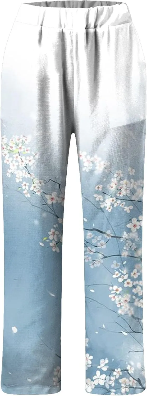 Linen Pants for Women Loose Fit Summer Casual Solid Color High Waisted Straight Leg Beach Linen Pants Comfy Lounge Trousers