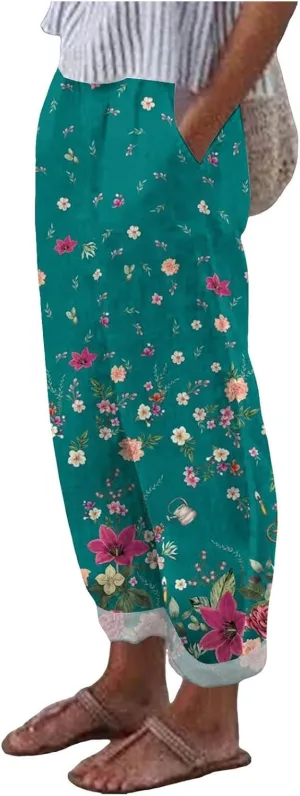 Linen Pants for Women Loose Fit Summer Casual Solid Color High Waisted Straight Leg Beach Linen Pants Comfy Lounge Trousers