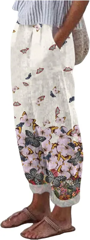 Linen Pants for Women Loose Fit Summer Casual Solid Color High Waisted Straight Leg Beach Linen Pants Comfy Lounge Trousers