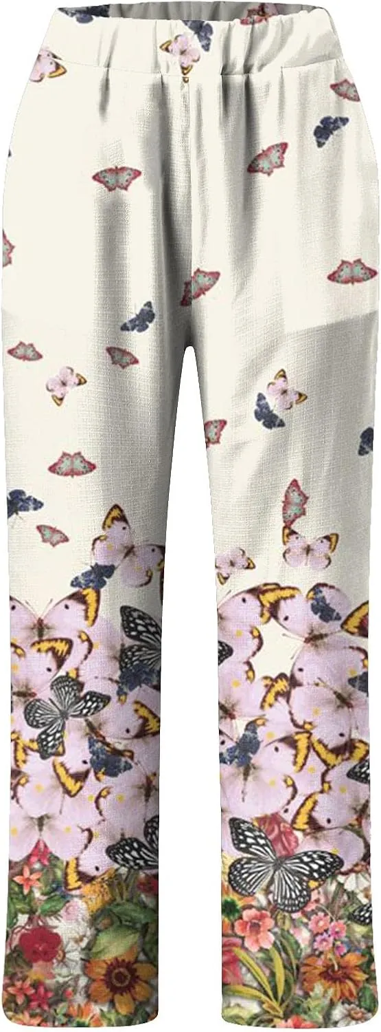 Linen Pants for Women Loose Fit Summer Casual Solid Color High Waisted Straight Leg Beach Linen Pants Comfy Lounge Trousers