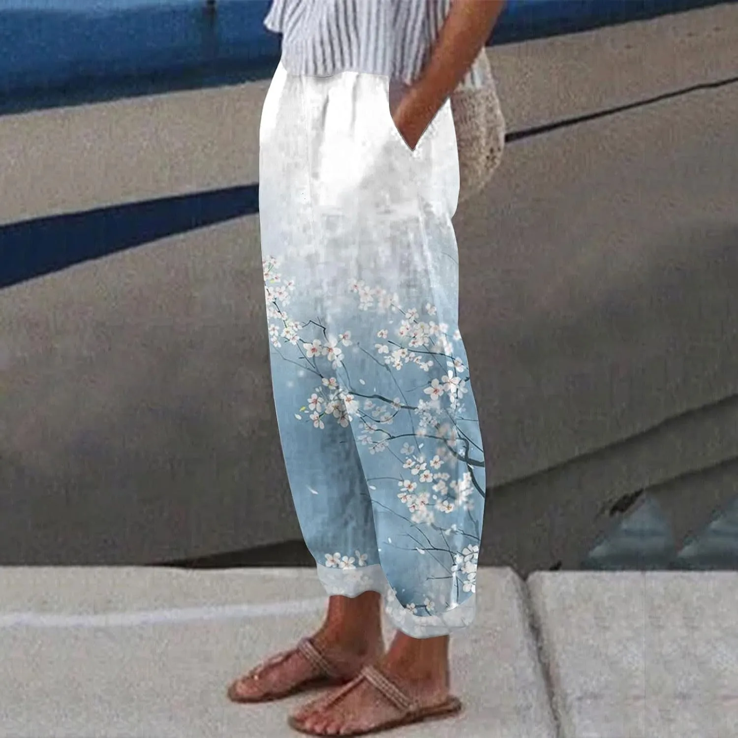 Linen Pants for Women Loose Fit Summer Casual Solid Color High Waisted Straight Leg Beach Linen Pants Comfy Lounge Trousers