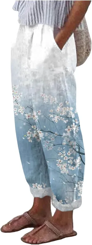 Linen Pants for Women Loose Fit Summer Casual Solid Color High Waisted Straight Leg Beach Linen Pants Comfy Lounge Trousers