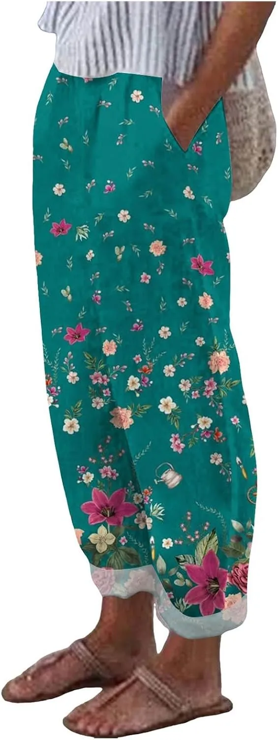 Linen Pants for Women Loose Fit Summer Casual Solid Color High Waisted Straight Leg Beach Linen Pants Comfy Lounge Trousers