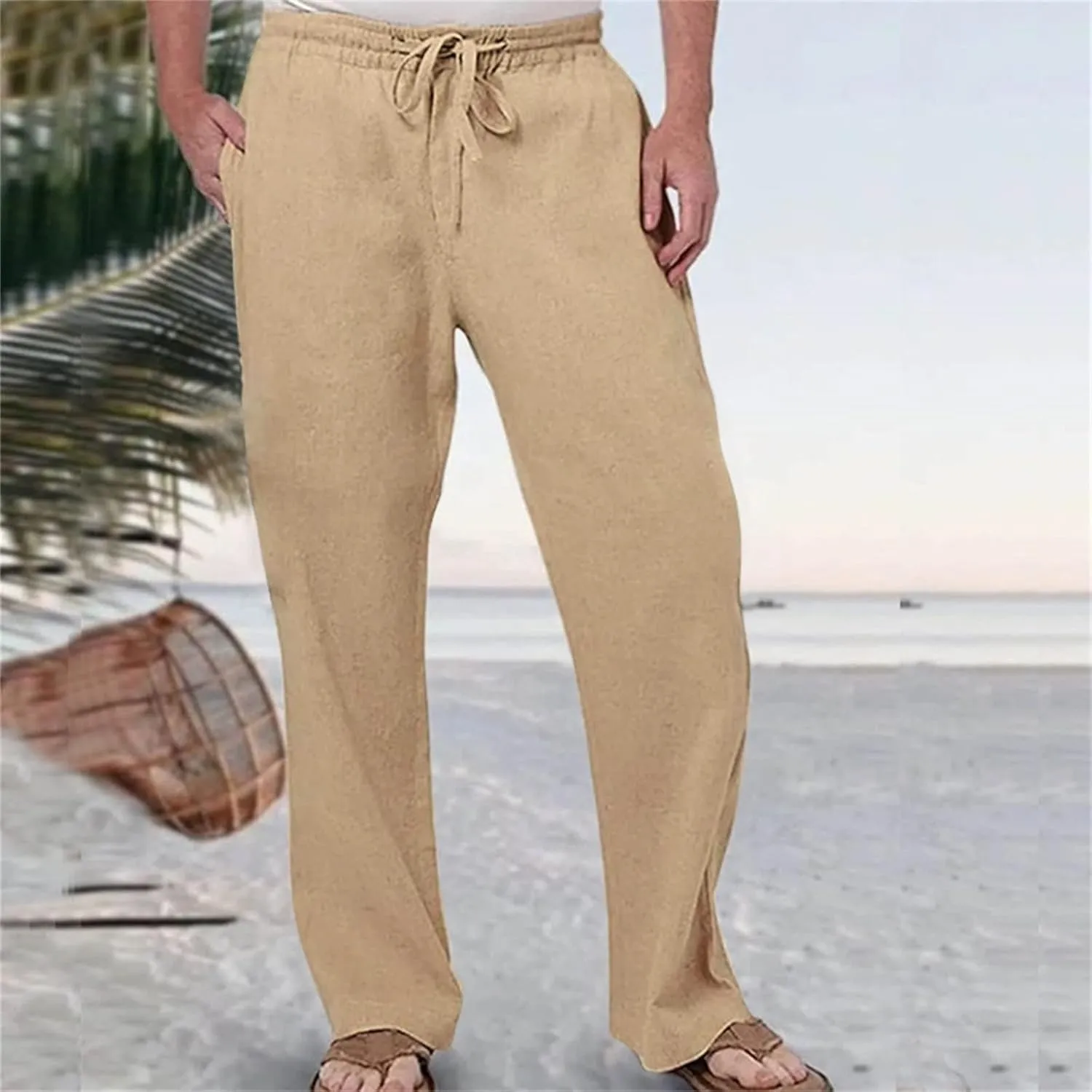 Linen Pants Men Slim Fit Casual Loose Fit Stretch Slacks Big Tall Flat Front Flex Golf Straight Long Pants