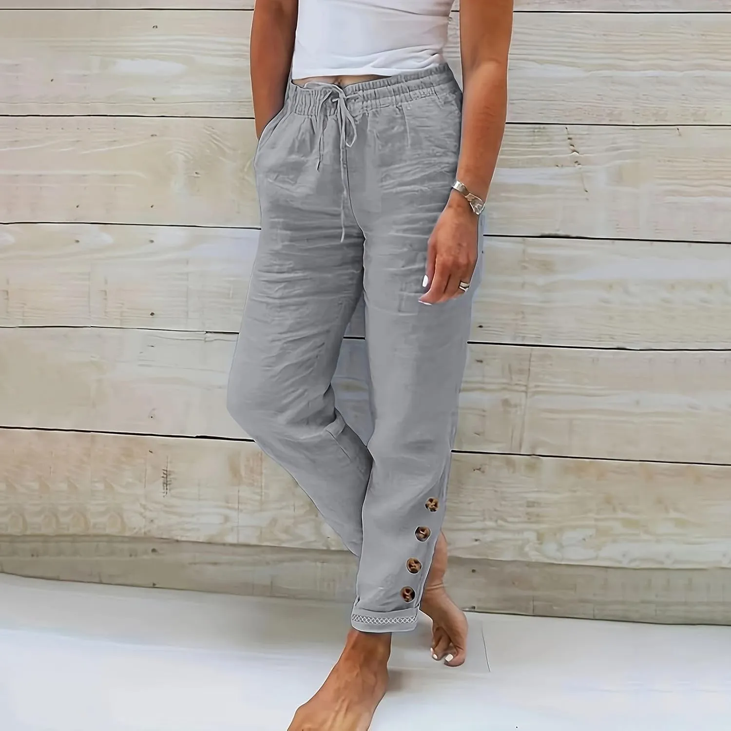 Linen Pants Women Baggy Casual Summer Solid Color High Waisted Straight Leg Beach Linen Pants Elastic Waist Comfort Trousers