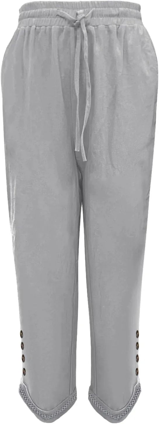 Linen Pants Women Baggy Casual Summer Solid Color High Waisted Straight Leg Beach Linen Pants Elastic Waist Comfort Trousers