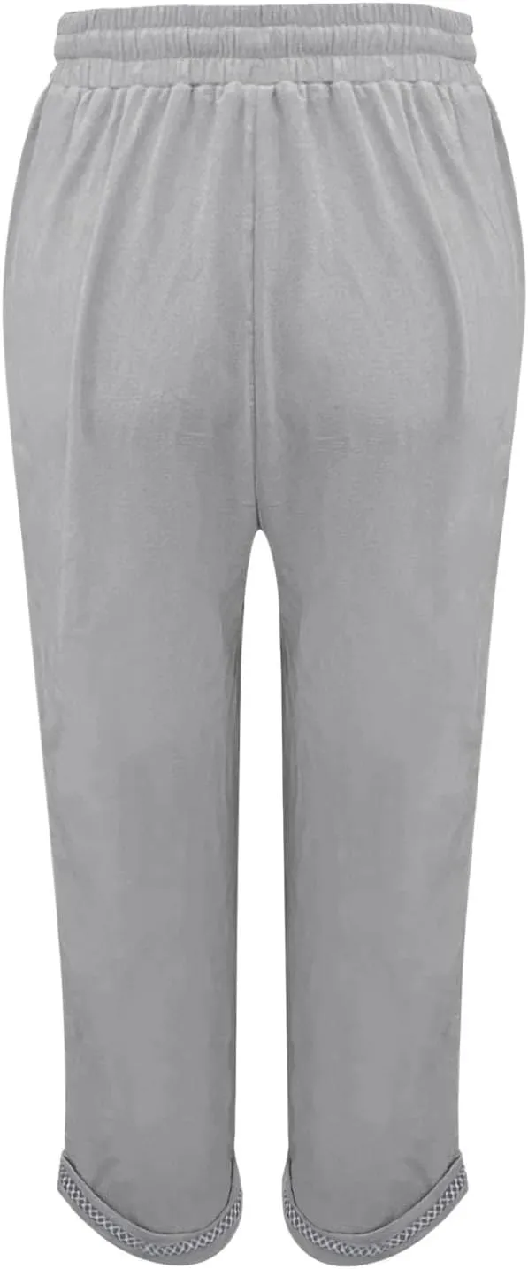 Linen Pants Women Baggy Casual Summer Solid Color High Waisted Straight Leg Beach Linen Pants Elastic Waist Comfort Trousers