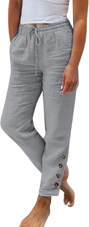 Linen Pants Women Baggy Casual Summer Solid Color High Waisted Straight Leg Beach Linen Pants Elastic Waist Comfort Trousers