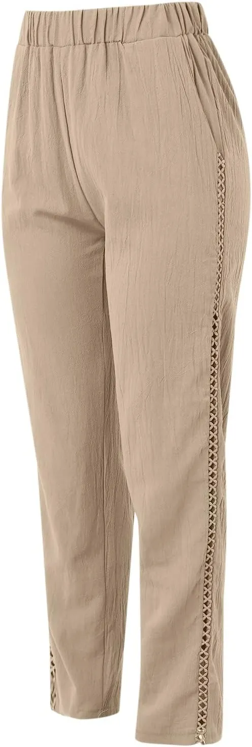 Linen Pants Women Casual Summer Loose Solid Color High Waisted Straight Leg Beach Linen Pants Elastic Waist Comfort Trousers