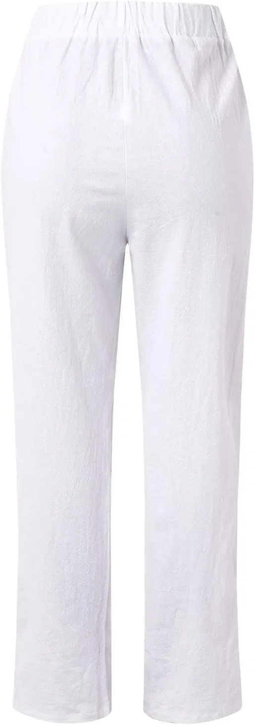 Linen Pants Women Casual Summer Loose Solid Color High Waisted Straight Leg Beach Linen Pants Elastic Waist Comfort Trousers