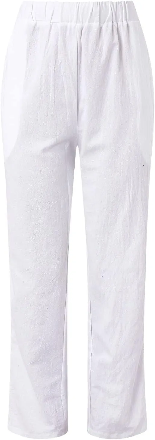 Linen Pants Women Casual Summer Loose Solid Color High Waisted Straight Leg Beach Linen Pants Elastic Waist Comfort Trousers