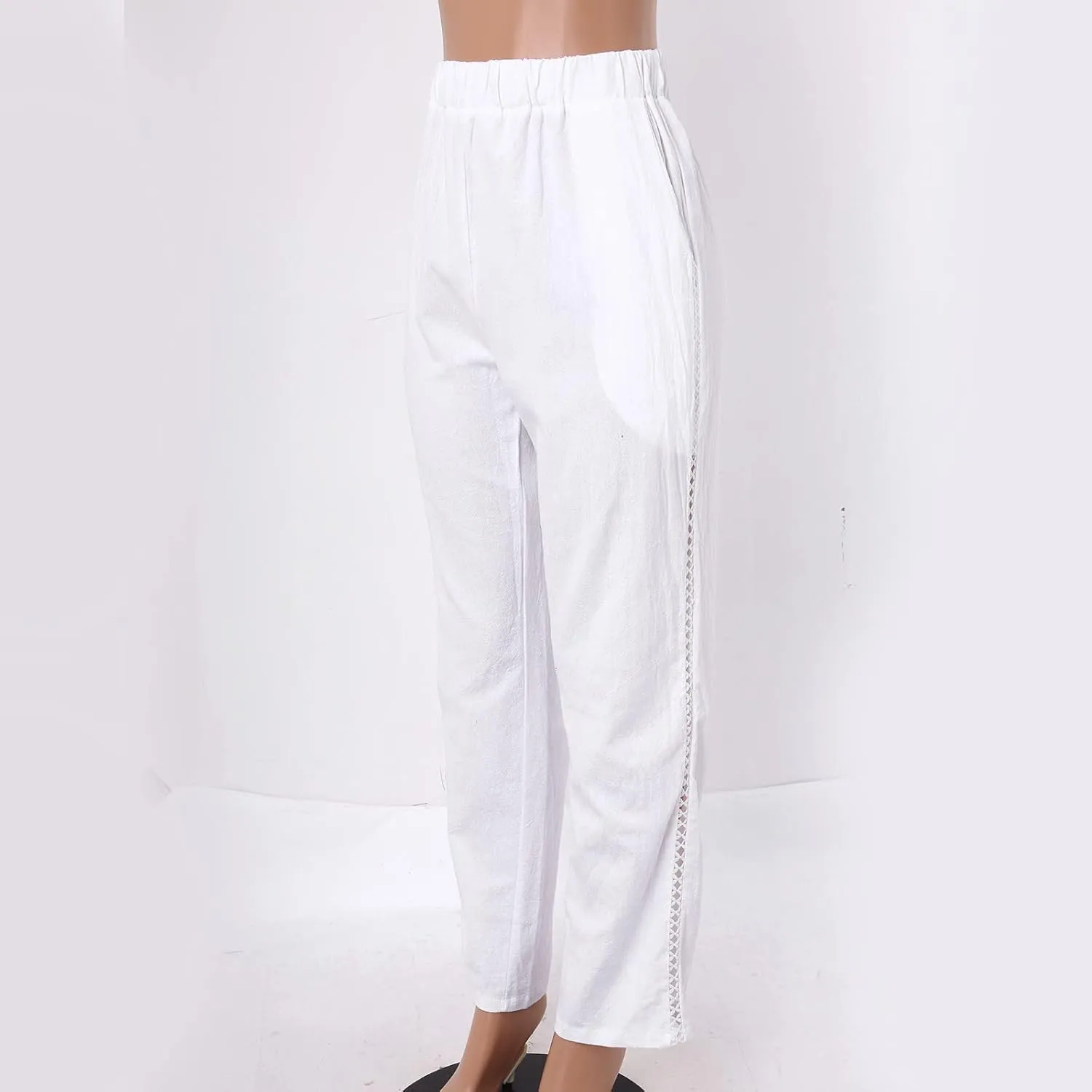 Linen Pants Women Casual Summer Loose Solid Color High Waisted Straight Leg Beach Linen Pants Elastic Waist Comfort Trousers