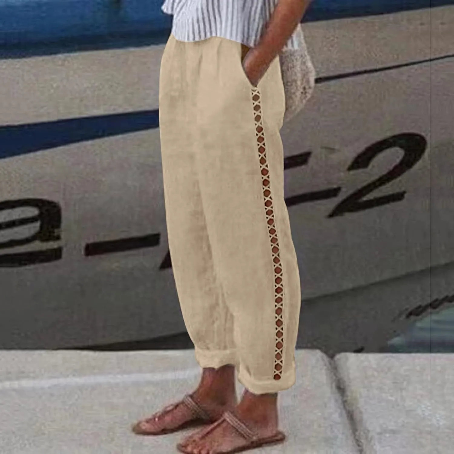 Linen Pants Women Casual Summer Loose Solid Color High Waisted Straight Leg Beach Linen Pants Elastic Waist Comfort Trousers