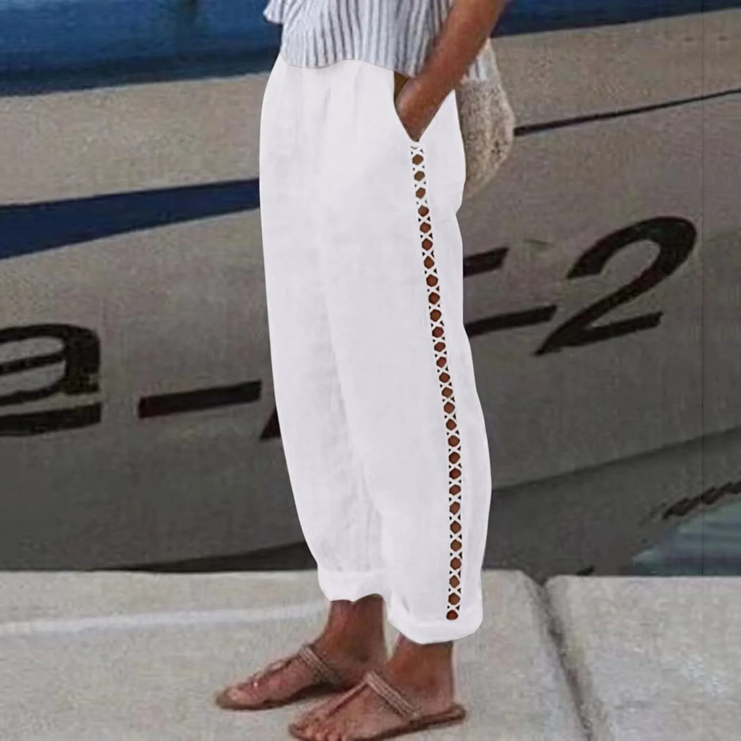 Linen Pants Women Casual Summer Loose Solid Color High Waisted Straight Leg Beach Linen Pants Elastic Waist Comfort Trousers