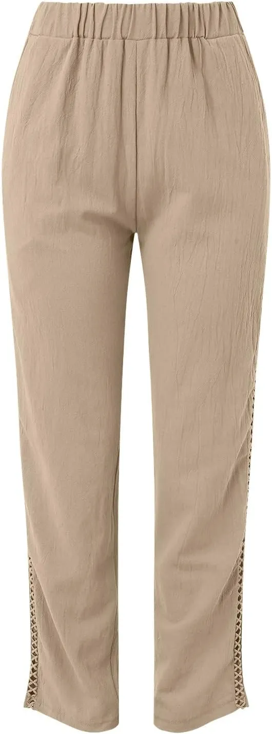 Linen Pants Women Casual Summer Loose Solid Color High Waisted Straight Leg Beach Linen Pants Elastic Waist Comfort Trousers