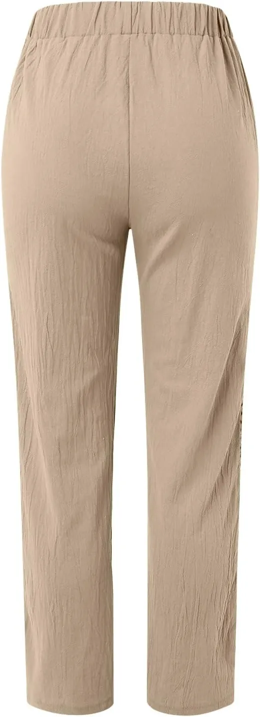 Linen Pants Women Casual Summer Loose Solid Color High Waisted Straight Leg Beach Linen Pants Elastic Waist Comfort Trousers