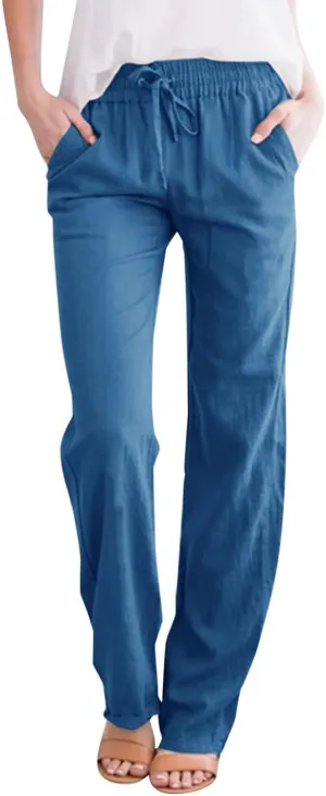 Linen Pants Women Plus Size Breathable Lightweight Cotton Straight Leg Pants Loose Fit Casual Summer Beach Trouser