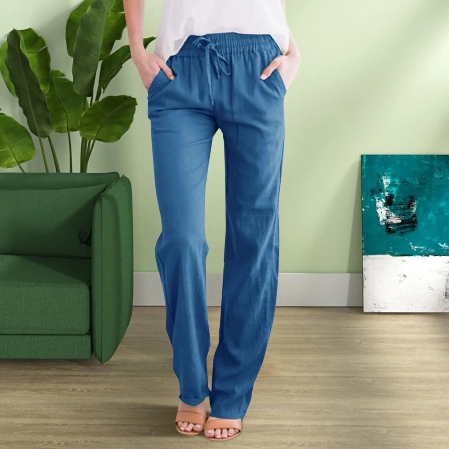 Linen Pants Women Plus Size Breathable Lightweight Cotton Straight Leg Pants Loose Fit Casual Summer Beach Trouser