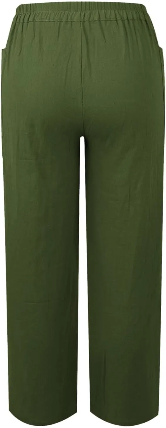 Linen Pants Women Summer High Waisted Straight Wide Leg Trousers Cotton Loose Fit Trendy Casual Pants with Pockets