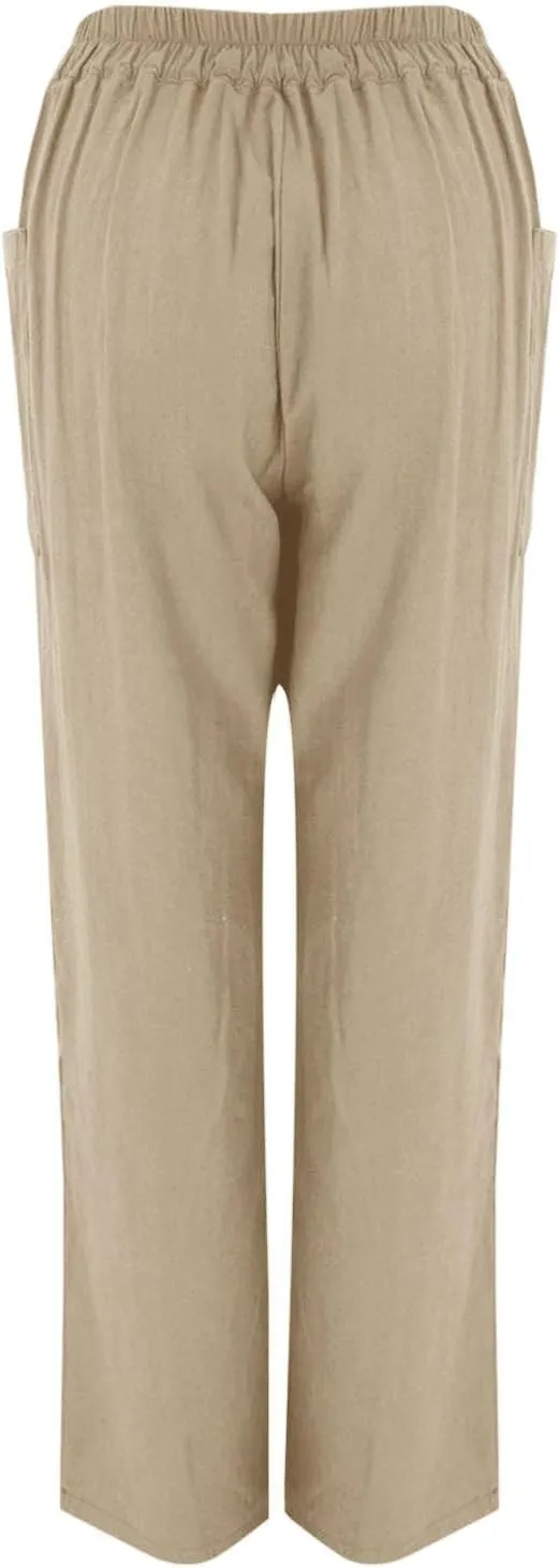 Linen Pants Women Summer High Waisted Straight Wide Leg Trousers Cotton Loose Fit Trendy Casual Pants with Pockets