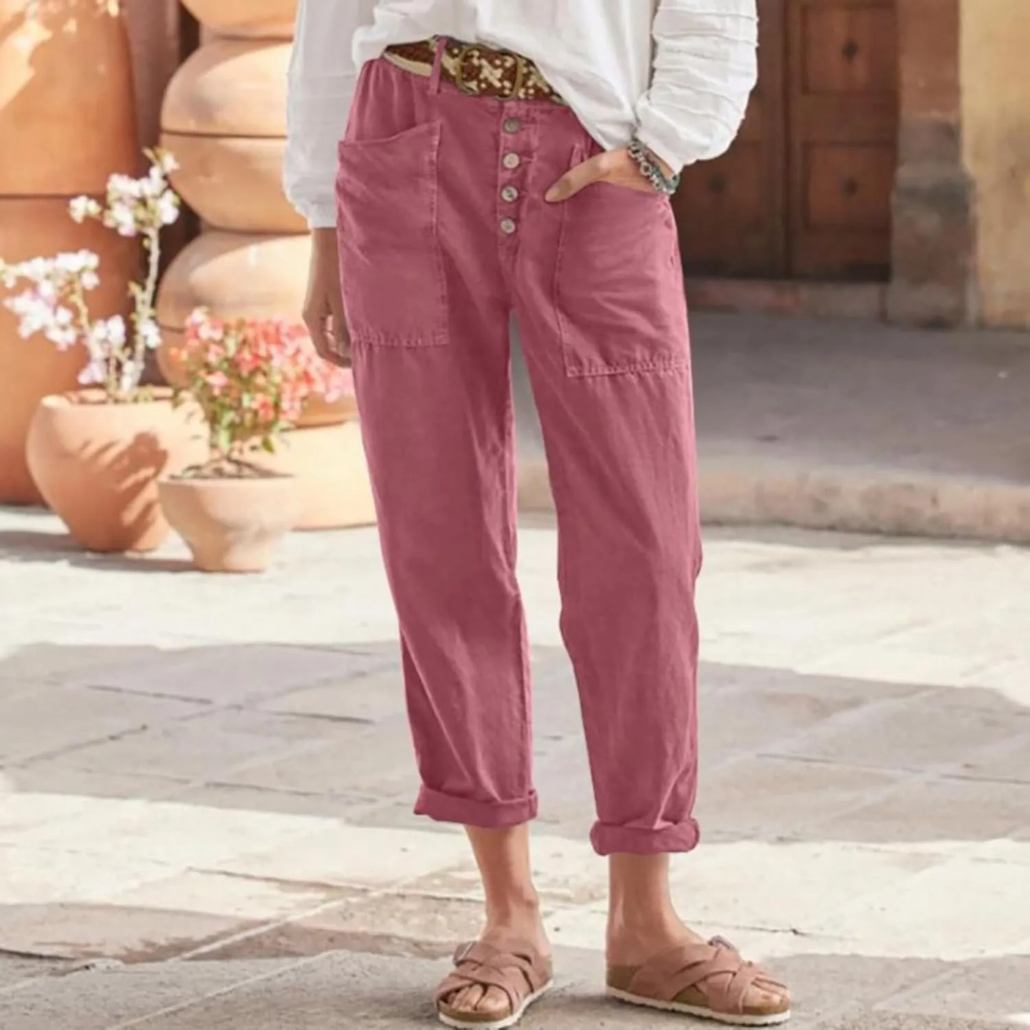 Linen Pants Women Summer High Waisted Straight Wide Leg Trousers Cotton Loose Fit Trendy Casual Pants with Pockets