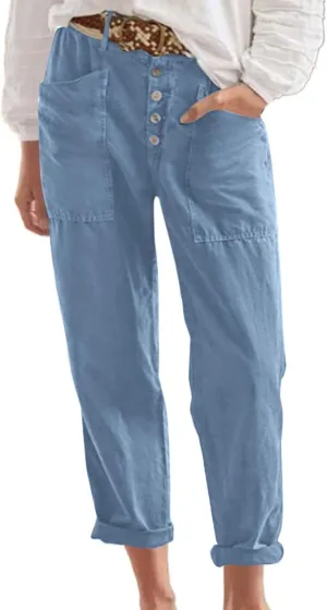 Linen Pants Women Summer High Waisted Straight Wide Leg Trousers Cotton Loose Fit Trendy Casual Pants with Pockets