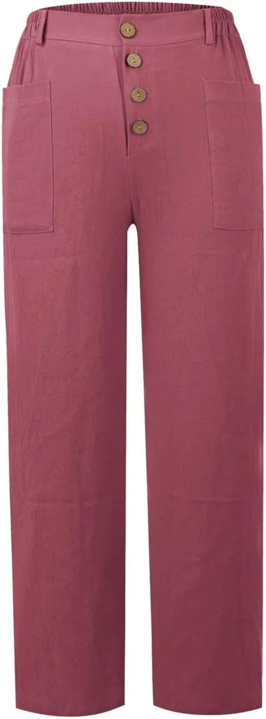 Linen Pants Women Summer High Waisted Straight Wide Leg Trousers Cotton Loose Fit Trendy Casual Pants with Pockets
