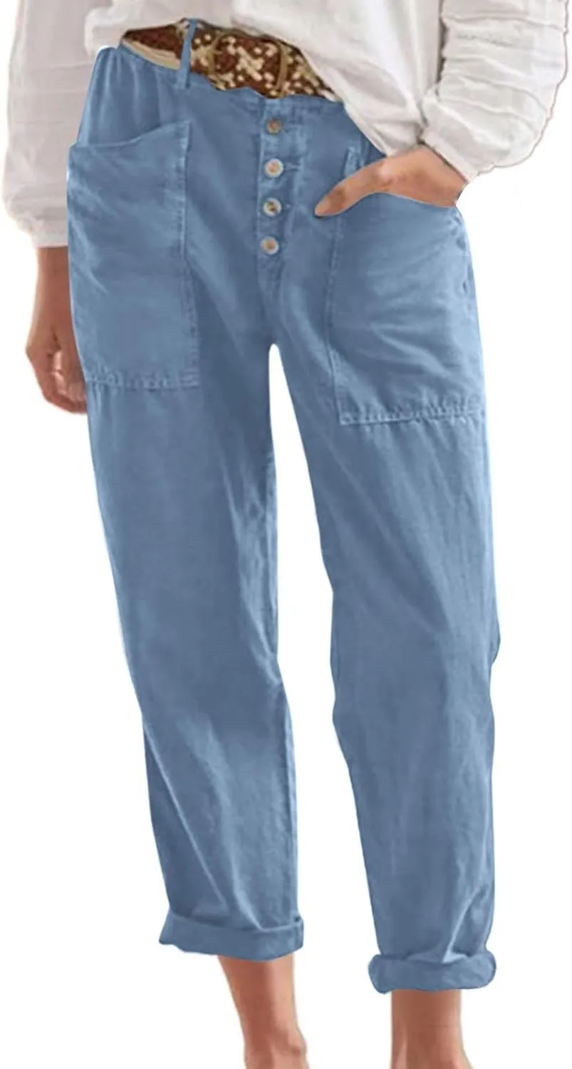 Linen Pants Women Summer High Waisted Straight Wide Leg Trousers Cotton Loose Fit Trendy Casual Pants with Pockets