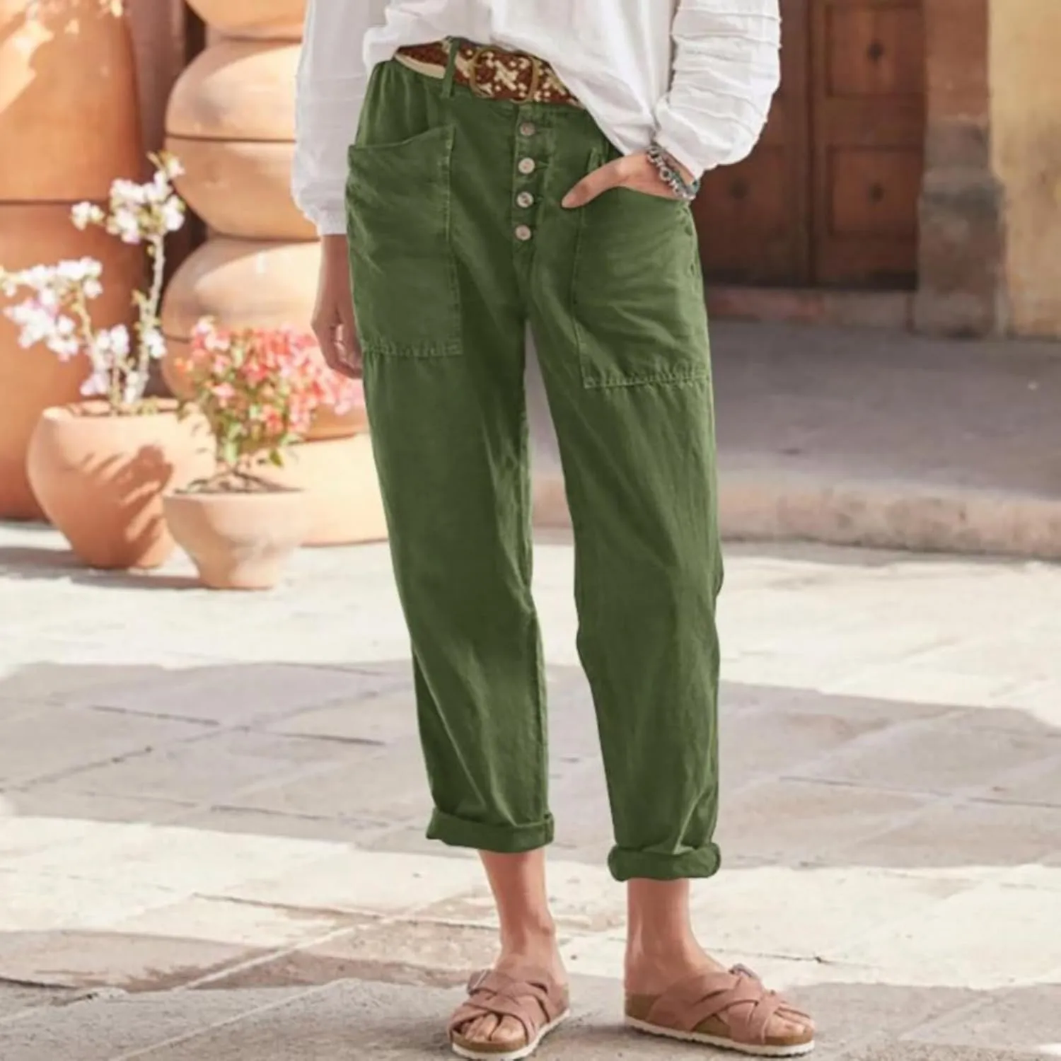 Linen Pants Women Summer High Waisted Straight Wide Leg Trousers Cotton Loose Fit Trendy Casual Pants with Pockets