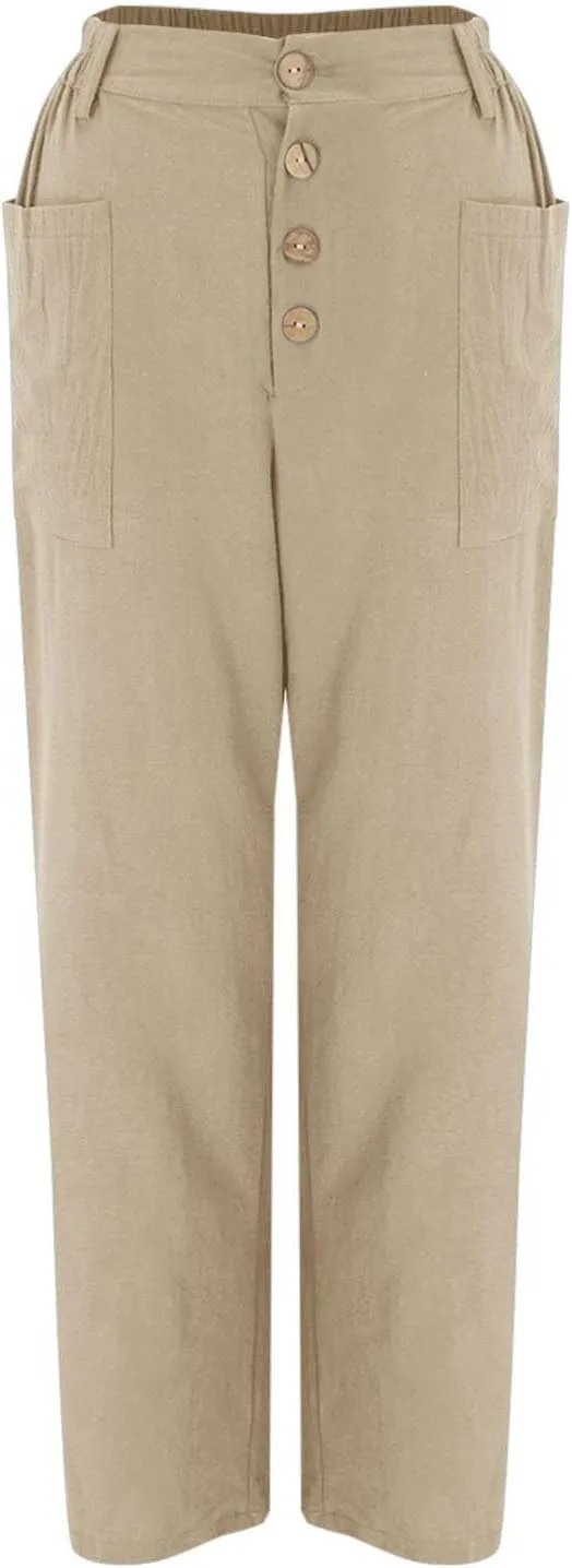 Linen Pants Women Summer High Waisted Straight Wide Leg Trousers Cotton Loose Fit Trendy Casual Pants with Pockets