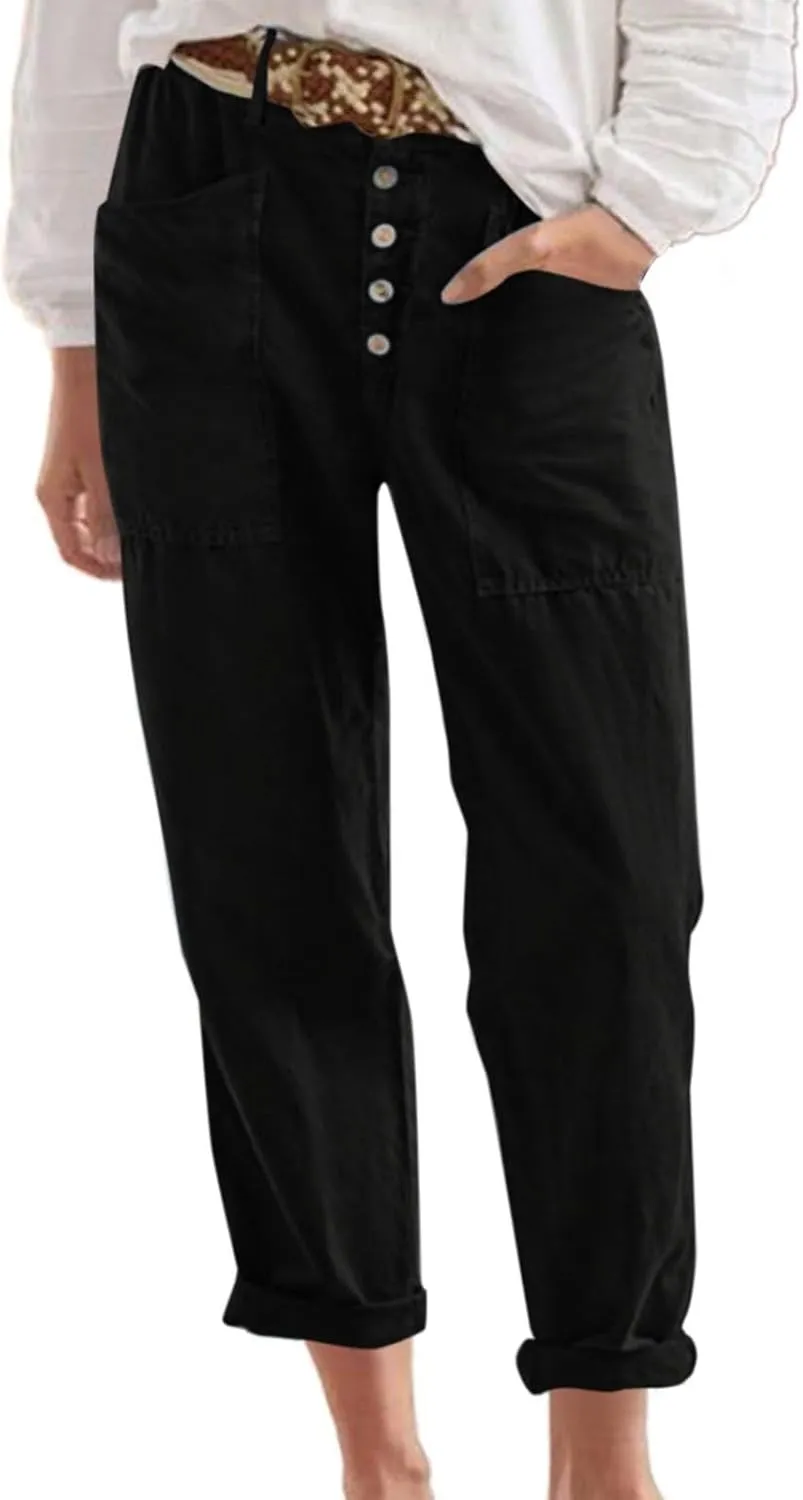 Linen Pants Women Summer High Waisted Straight Wide Leg Trousers Cotton Loose Fit Trendy Casual Pants with Pockets