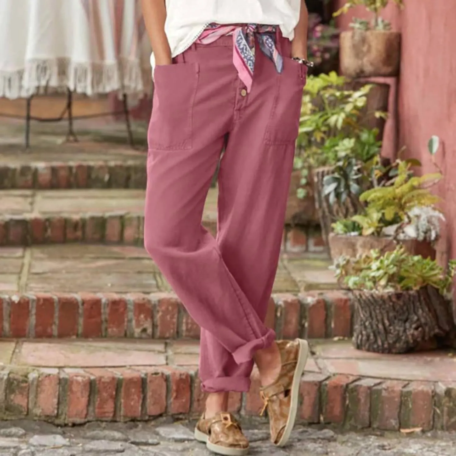 Linen Pants Women Summer High Waisted Straight Wide Leg Trousers Cotton Loose Fit Trendy Casual Pants with Pockets