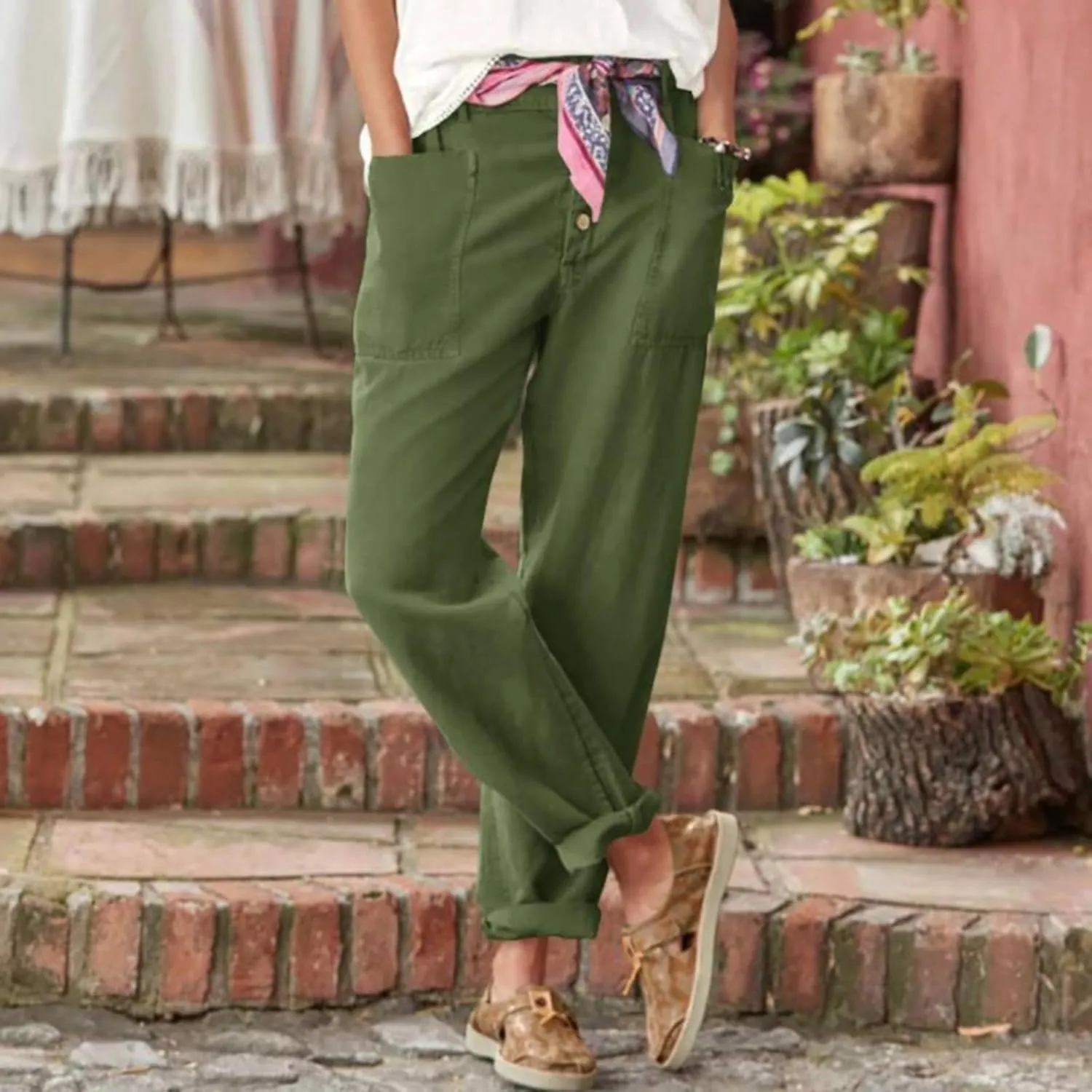 Linen Pants Women Summer High Waisted Straight Wide Leg Trousers Cotton Loose Fit Trendy Casual Pants with Pockets