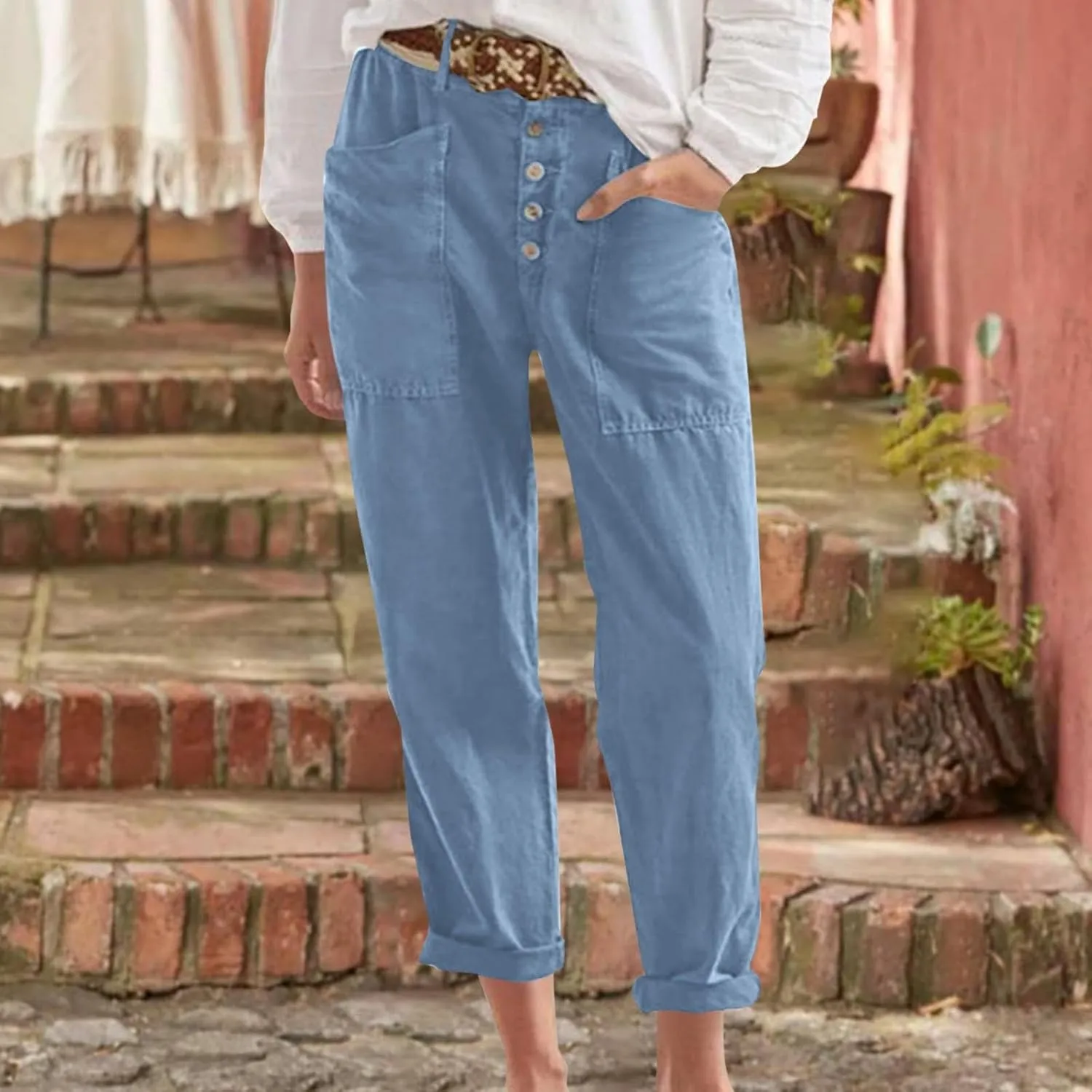 Linen Pants Women Summer High Waisted Straight Wide Leg Trousers Cotton Loose Fit Trendy Casual Pants with Pockets