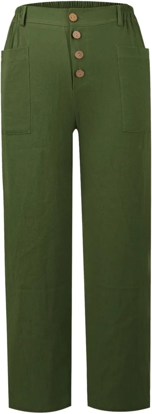 Linen Pants Women Summer High Waisted Straight Wide Leg Trousers Cotton Loose Fit Trendy Casual Pants with Pockets