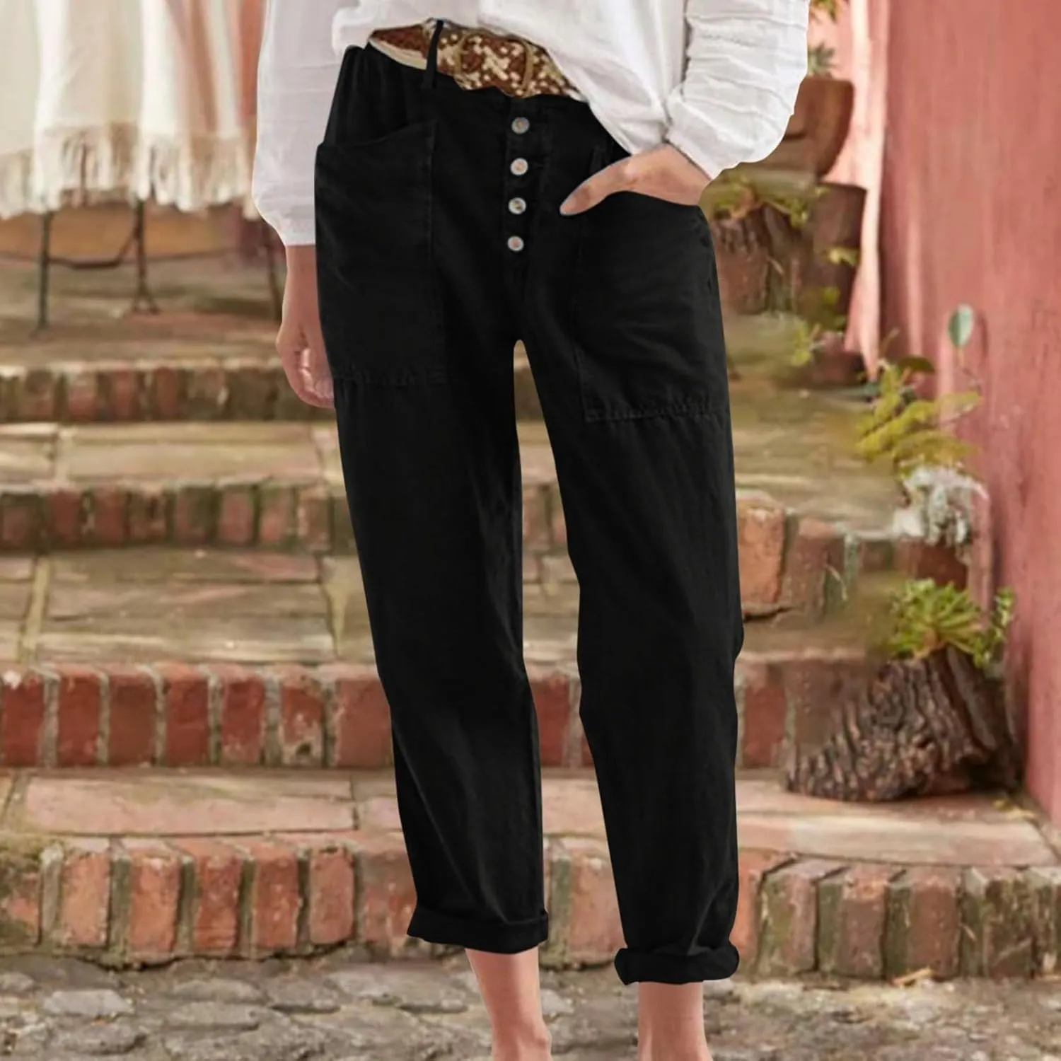 Linen Pants Women Summer High Waisted Straight Wide Leg Trousers Cotton Loose Fit Trendy Casual Pants with Pockets