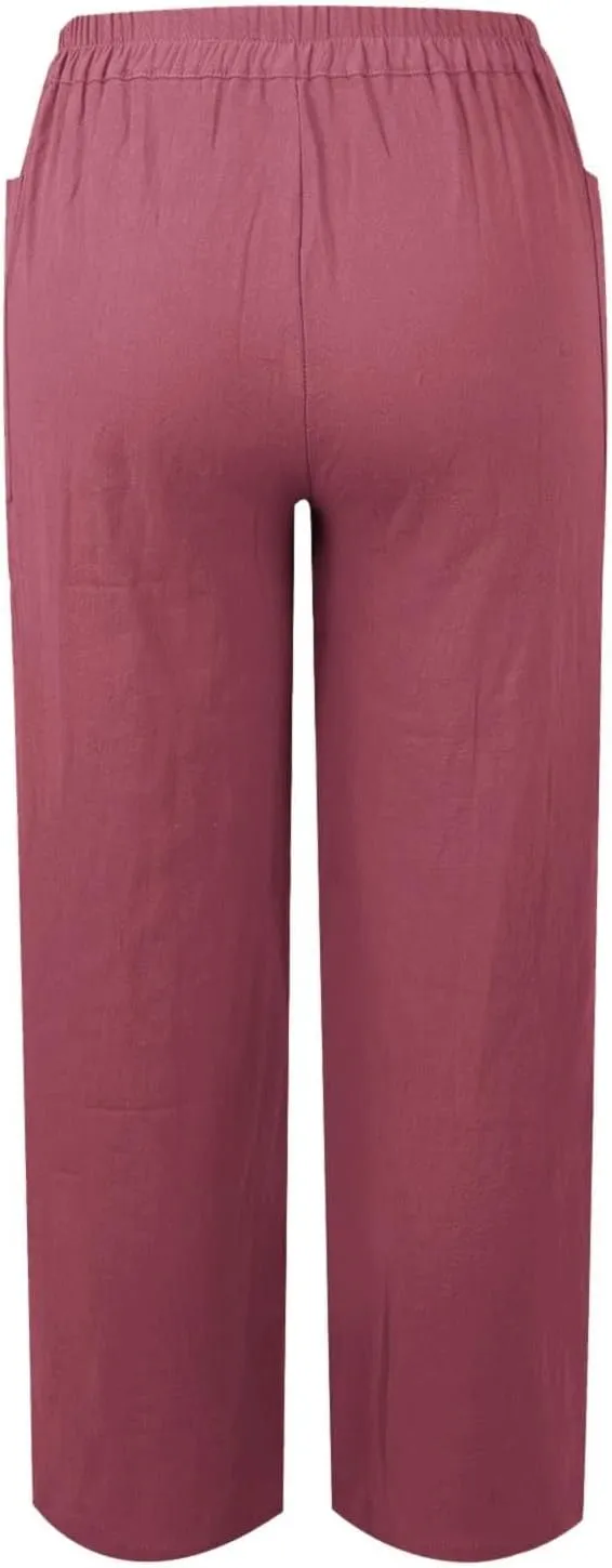 Linen Pants Women Summer High Waisted Straight Wide Leg Trousers Cotton Loose Fit Trendy Casual Pants with Pockets