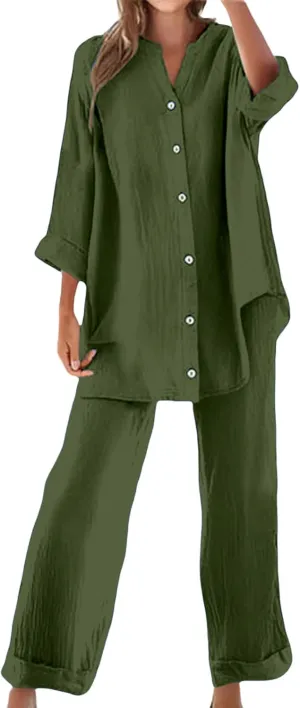 Linen Sets for Women Summer Lightweight Lapel Button Down Long Sleeve Shirts Wide Leg Pant 2 Piece Outfits Tracksuit