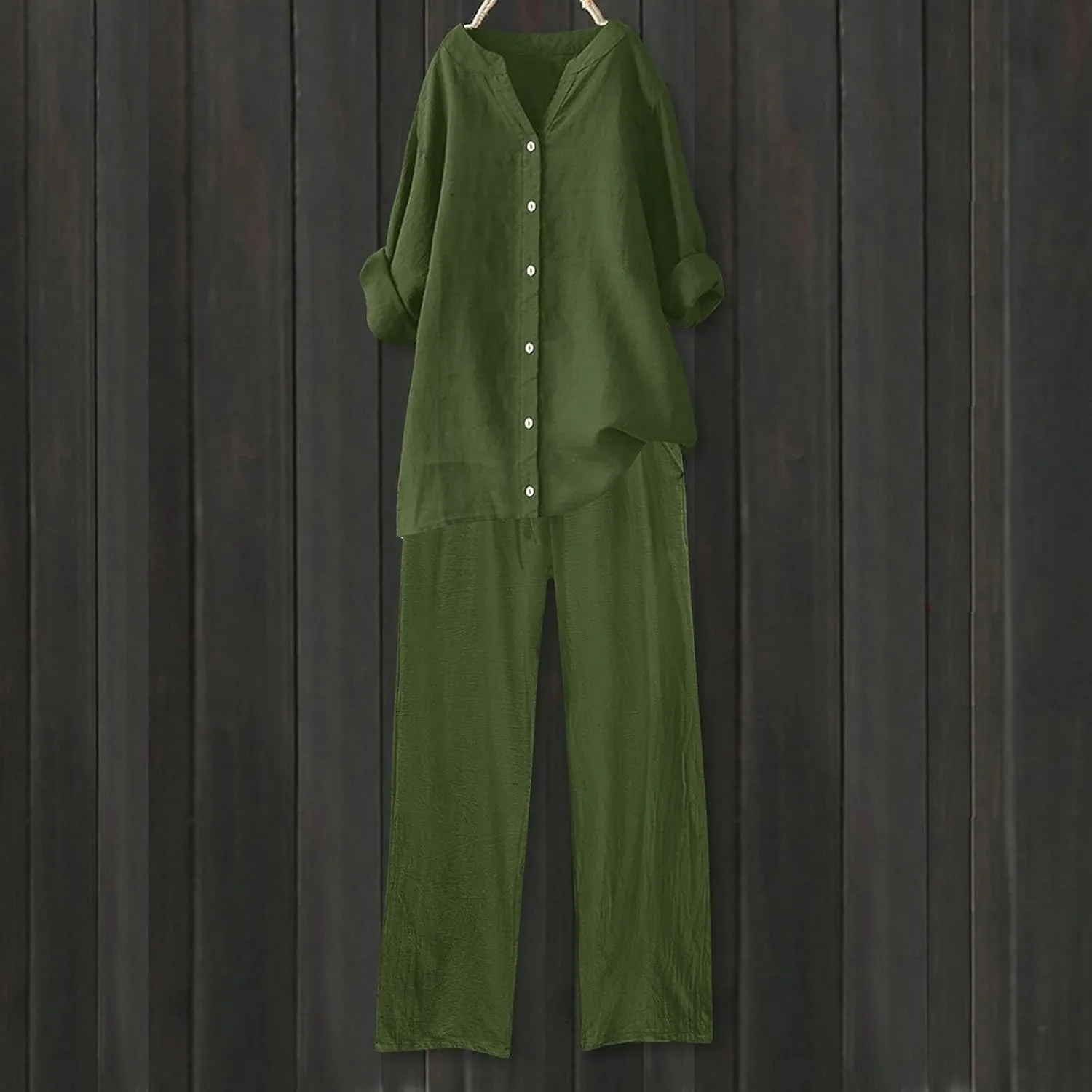 Linen Sets for Women Summer Lightweight Lapel Button Down Long Sleeve Shirts Wide Leg Pant 2 Piece Outfits Tracksuit