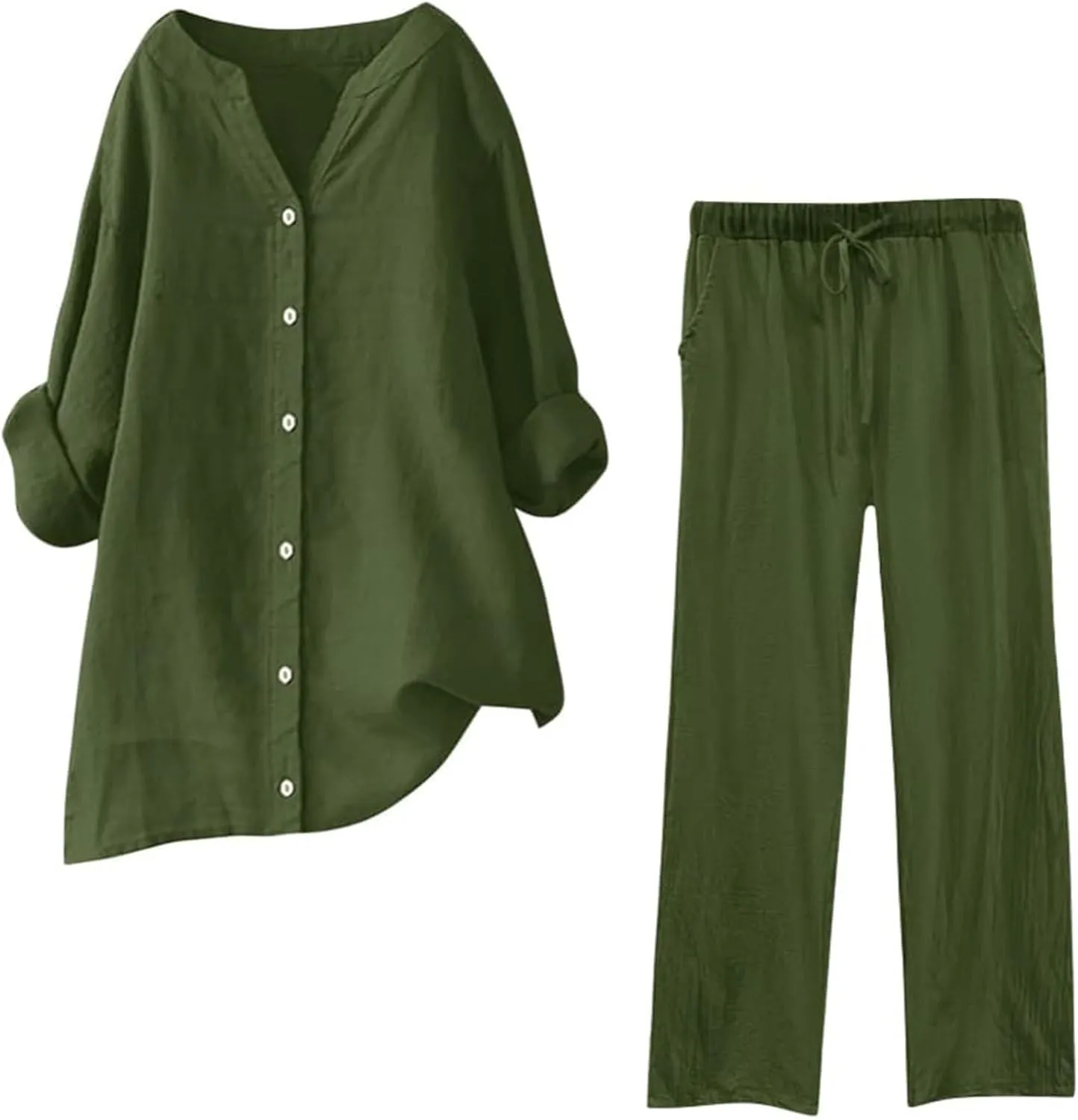 Linen Sets for Women Summer Lightweight Lapel Button Down Long Sleeve Shirts Wide Leg Pant 2 Piece Outfits Tracksuit