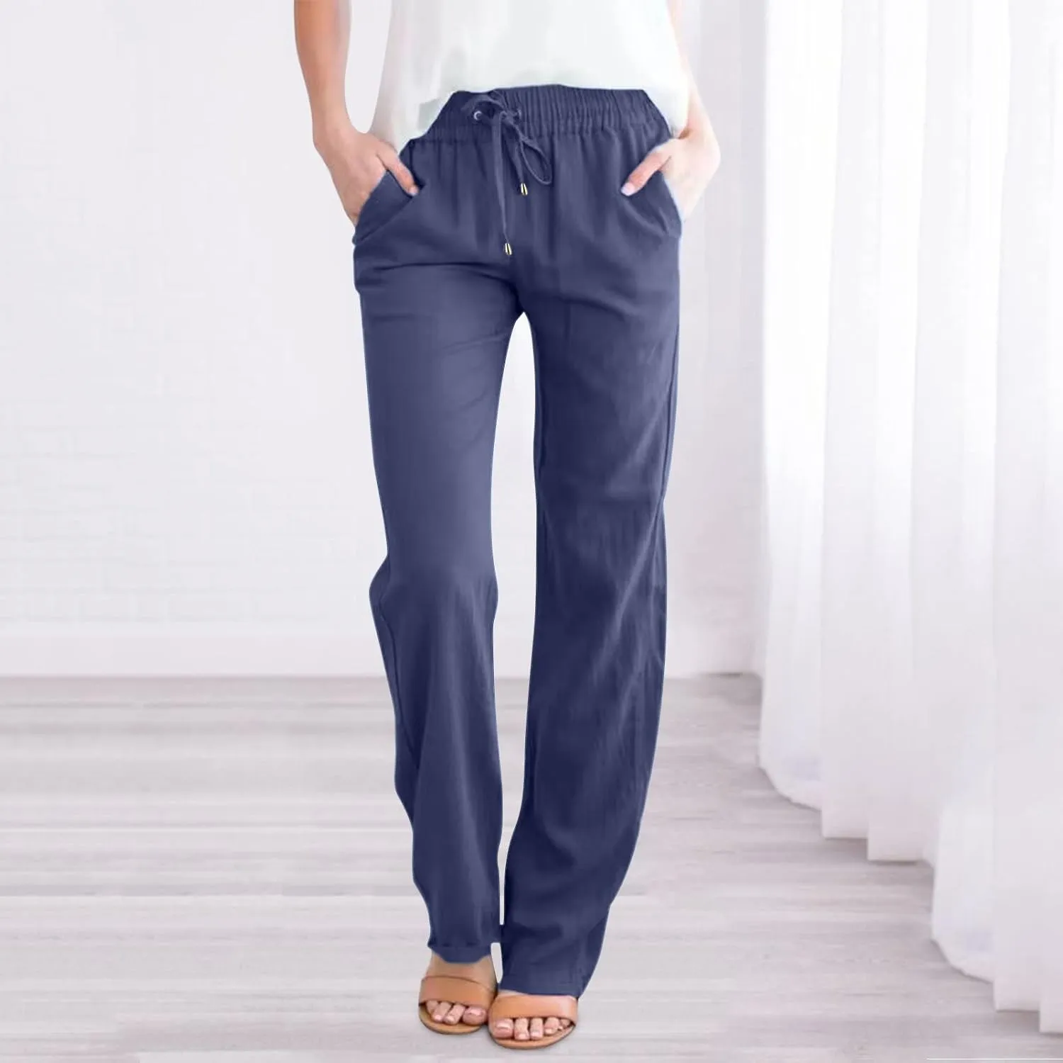 Long Lounge Pants for Women Drawstring Straight Leg Casual Pant Cotton Linen Cropped Pant Elastic Yoga Trousers with Pocket