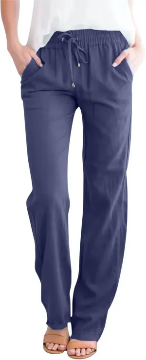 Long Lounge Pants for Women Drawstring Straight Leg Casual Pant Cotton Linen Cropped Pant Elastic Yoga Trousers with Pocket