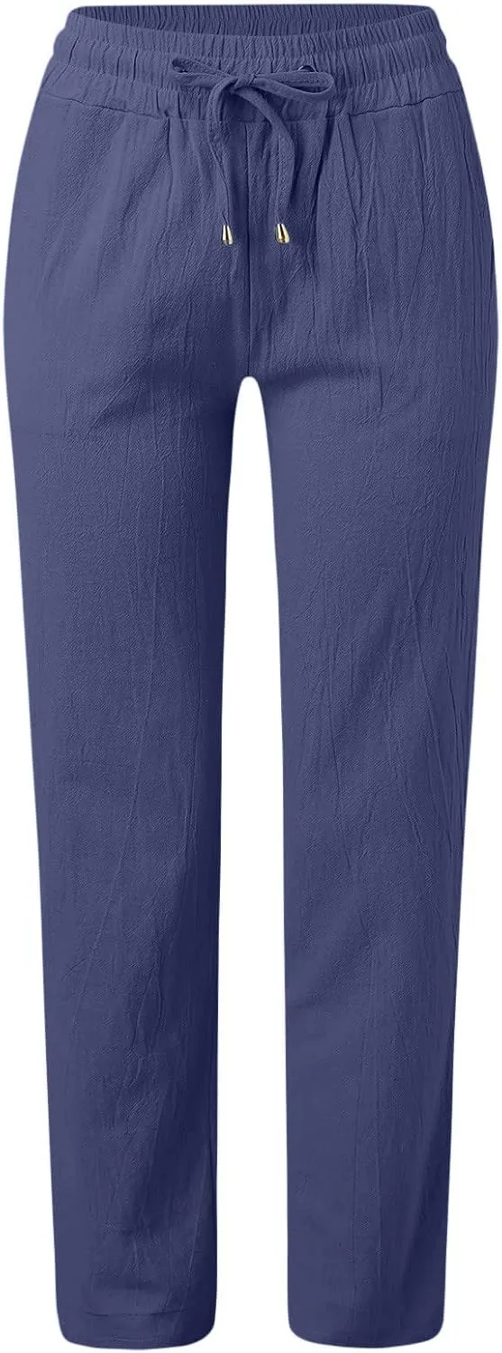 Long Lounge Pants for Women Drawstring Straight Leg Casual Pant Cotton Linen Cropped Pant Elastic Yoga Trousers with Pocket