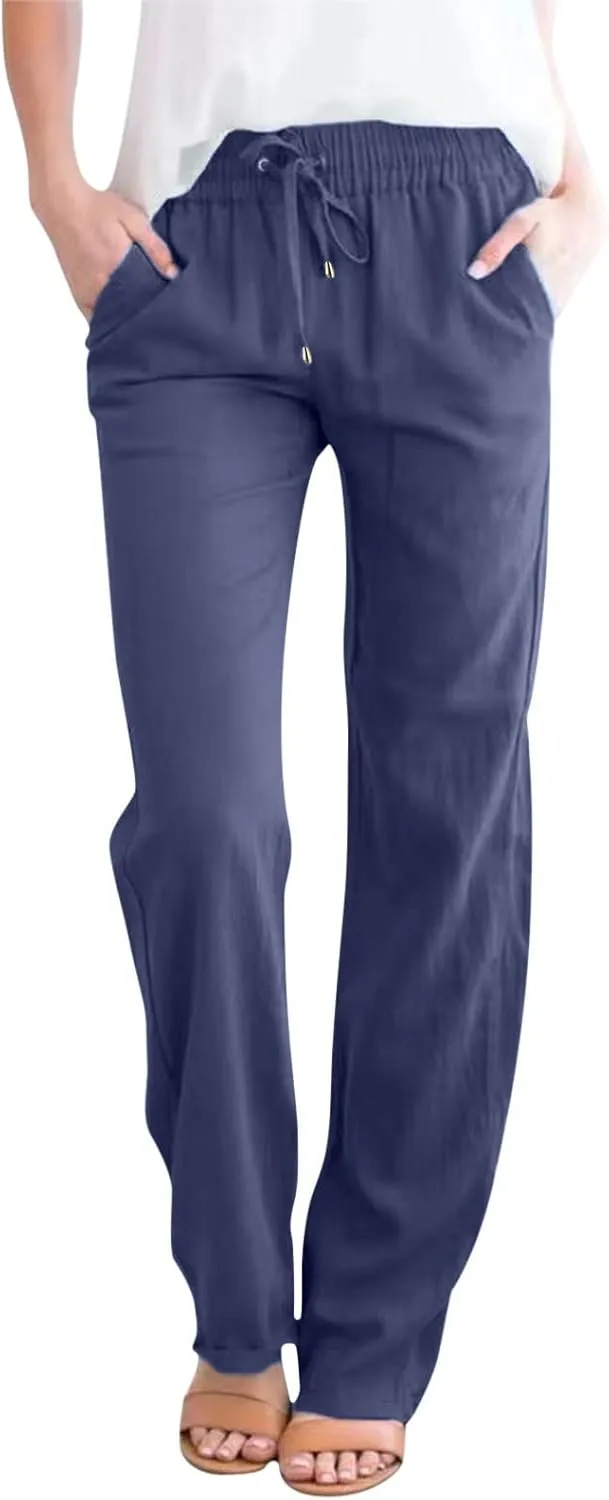 Long Lounge Pants for Women Drawstring Straight Leg Casual Pant Cotton Linen Cropped Pant Elastic Yoga Trousers with Pocket