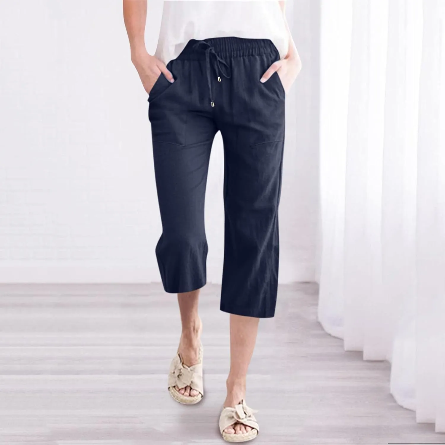 Loose Linen Capri Pants For Women High Waisted Loose Yoga Sweatpants Summer Drawstring Cropped Trouser with Pockets