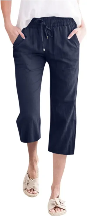 Loose Linen Capri Pants For Women High Waisted Loose Yoga Sweatpants Summer Drawstring Cropped Trouser with Pockets