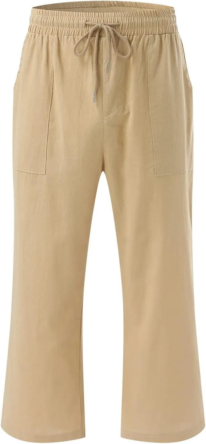 Loose Linen Capri Pants For Women High Waisted Loose Yoga Sweatpants Summer Drawstring Cropped Trouser with Pockets