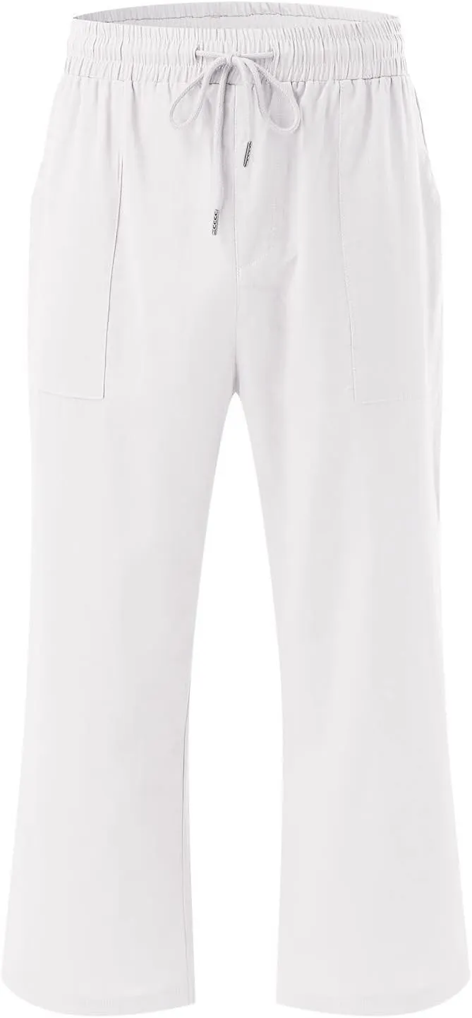 Loose Linen Capri Pants For Women High Waisted Loose Yoga Sweatpants Summer Drawstring Cropped Trouser with Pockets