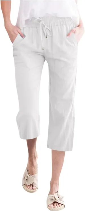 Loose Linen Capri Pants For Women High Waisted Loose Yoga Sweatpants Summer Drawstring Cropped Trouser with Pockets